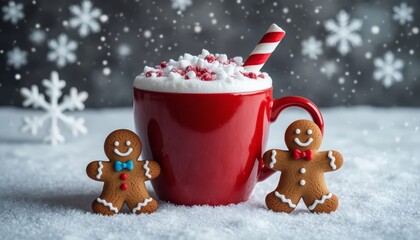 Fototapeta premium A red mug filled with hot chocolate is surrounded by gingerbread men. Snowflakes fall gently onto the festive scene, enhancing the cozy winter atmosphere.