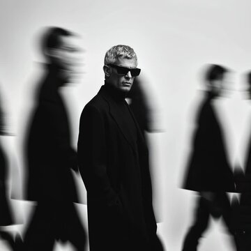 Ultra-luxury high fashion magazine editorial portrait of c man in his early 20s standing perfectly still at the center o the frame, looking directly into the camera with a calm stoic, confident expres