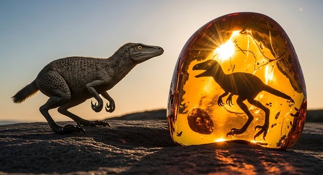 Dinosaur emerging from egg fossil.