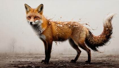 Fototapeta premium The fox stands confidently on the ground, its fur vibrant and detailed. This fox exhibits a unique blend of nature and artistry, enhancing its natural beauty and presence.