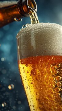 A cinematic slow-motion close-up of a golden beer being poured from a frosty bottle into an icy cold beer glass. Soft bokeh, dramatic lighting.