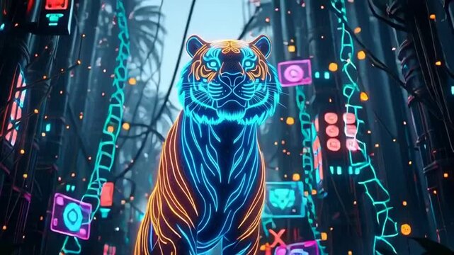 A futuristic tiger stands in a neon-lit jungle surrounded by holographic screens.