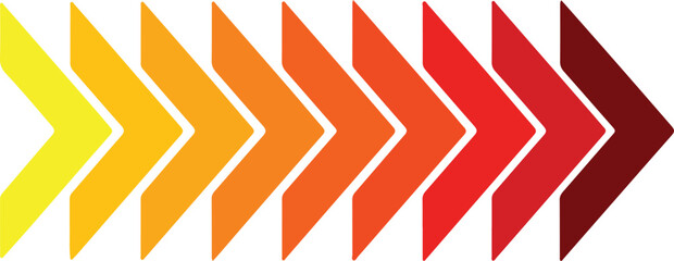 Obraz premium Row of colorful arrows in a gradient from yellow to dark red, symbolizing progression, growth, direction, and increasing intensity or status