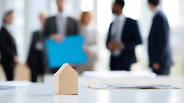 Small wooden house model on a table with a blurred background of diverse business people in professional attire meeting in an office setting