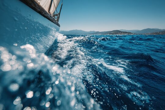 Bow of a sailboat cutting through the blue Mediterranean Sea under bright sun