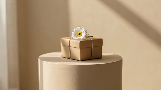 Minimalist gift box wrapped with brown paper and string with a fresh white daisy flower on top on a round beige pedestal