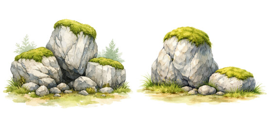 A watercolor vector set of mossy rocks for game assets, environment design and fantasy landscapes © liana
