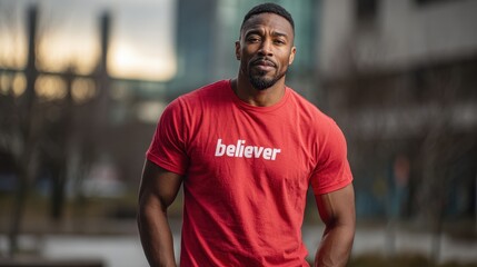 Fototapeta premium Casual man outdoors wearing a red tee featuring the word believer