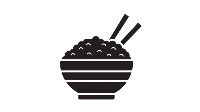 Bowl of rice icon with chopsticks in black simple flat style on white background featuring food, asian food, illustration with minimalist and cuisine