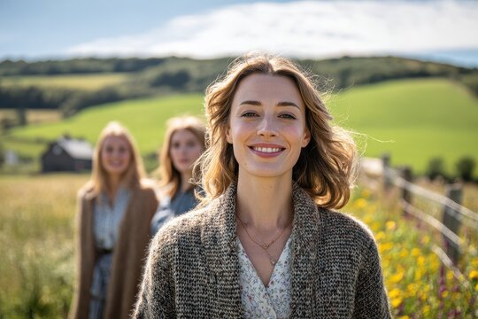 Casual countryside portrait of a fashionable cardigan-clad woman smiling among a small group