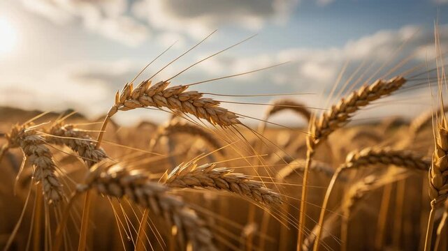 Golden wheat field close up with ripe ears under a sunny sky in warm natural light