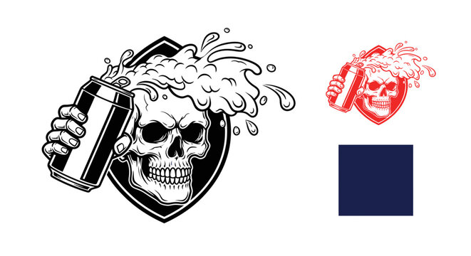 Skull holding overflowing beer can, splashing liquid, emblem design