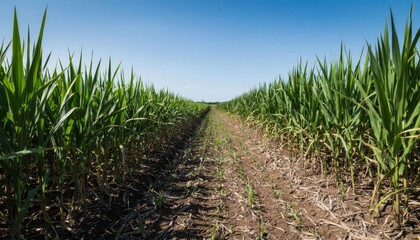 Naklejka premium a field of tall green crops with a clear blue sky in the background. The crop rows create a path through the vibrant green plants.