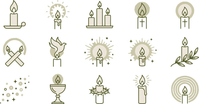 Minimalist Christian Candle and Light Line Icon Collection	