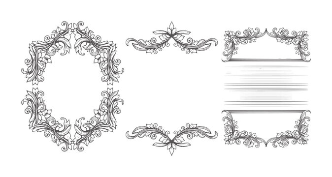 Ornate floral scrollwork frames and decorative in dark gray border