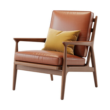 Danish teak lounge chair with cognac leather seat and mustard pillow on transparent background