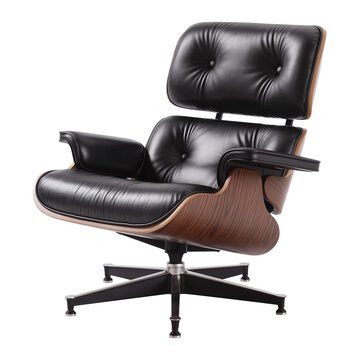 Molded rosewood lounge chair with black leather cushions and aluminum star base on transparent background