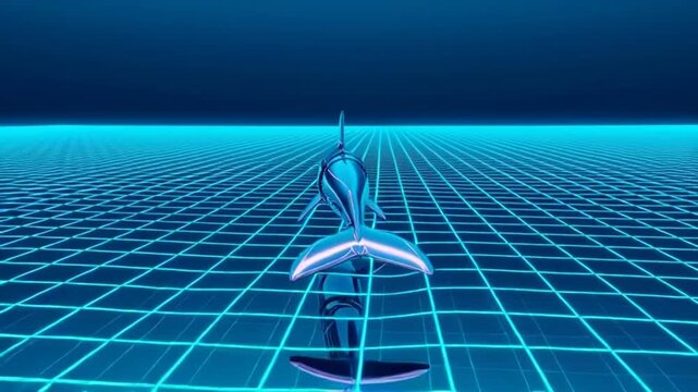 A futuristic illustration of a dolphin leaps out of a neon blue grid background.