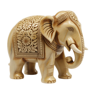 Hand carved Indian soapstone elephant figurine with warm textured surface on transparent background