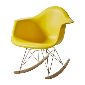 Molded yellow plastic shell rocker with white wire base on transparent background