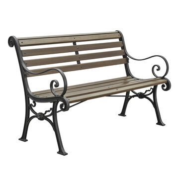 Wrought iron garden bench with scrolling finials and classic outdoor design on transparent background