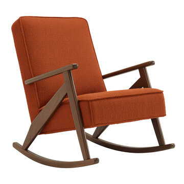 Low profile platform rocker with burnt orange boucle upholstery and wooden armrests on transparent background