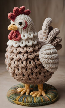Gallina de ganchillo artesanal estilo amigurumi sobre base r&uacute;stica, decoraci&oacute;n hecha a mano