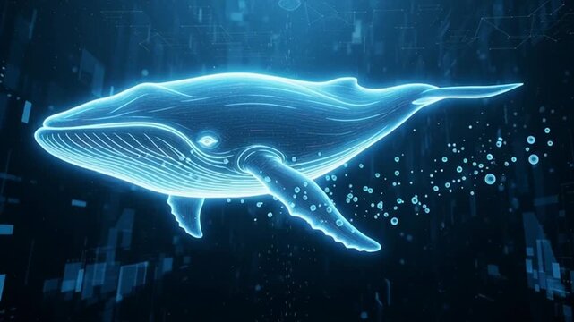 Glowing blue whale swims through dark digital ocean with neon lines and bubbles.