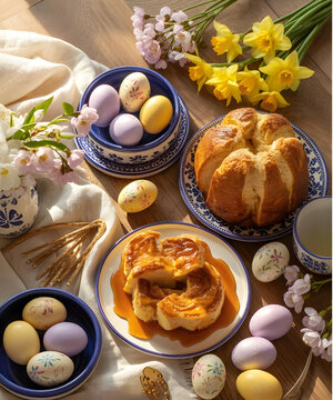 Desayuno festivo de Pascua con huevos pintados en colores pastel, pan dulce tradicional, flores de primavera y vajilla azul sobre mesa de madera