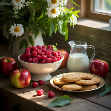 Desayuno r&uacute;stico con frambuesas frescas, galletas caseras, leche y manzanas junto a una ventana soleada