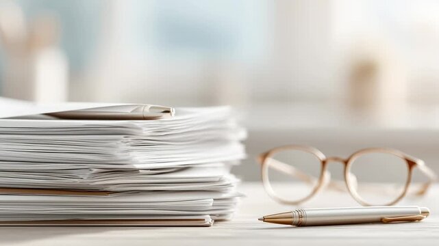 stack of documents, eyeglasses and a pen on a bright desk.