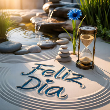 Jard&iacute;n zen con arena, reloj de arena y texto "Feliz D&iacute;a" en un entorno de paz con agua y flores