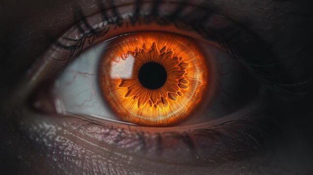 Close up of a glowing orange human eye with detailed iris and dark surrounding skin