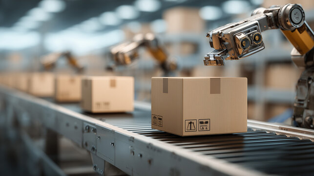 industrial warehouse automation with robotic arms transporting packages on conveyor belt, advanced logistics and smart factory technology for efficient supply chain management