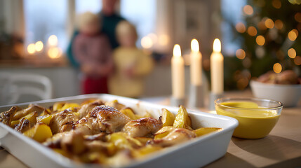 Naklejka premium Delicious Home-Cooked Holiday Meal, Golden Roast Chicken and Potatoes, Warm Glow of Candles and Festive Lights in a Cozy Home Scene