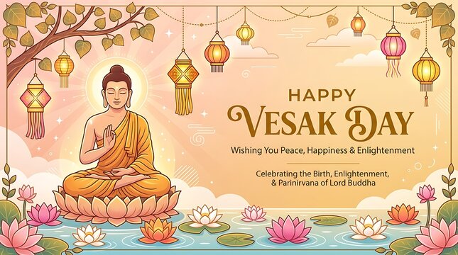 Vesak Day Greeting Card Featuring Meditating Lord Buddha on Lotus