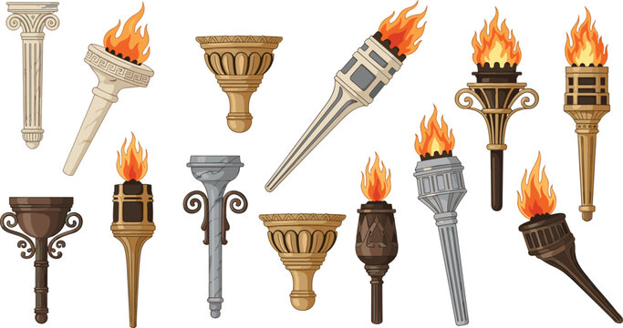 Ancient torch vector set with flaming fire torches vintage medieval roman greek style illustration collection isolated elements