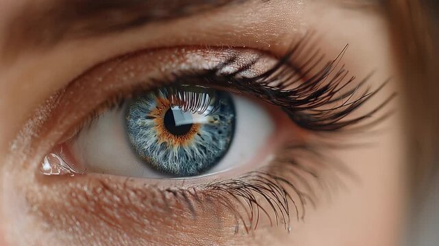 Extreme close up view of blue and hazel eye of young Caucasian woman with detail on eyelashes and iris texture