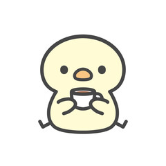 カップを持って座るひよこの手書きイラスト　コーヒーやお茶でほっと一息つく休憩時間 © Nitomaru