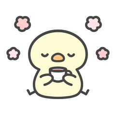 カップを持ってほっとするひよこの手書きイラスト　コーヒーやお茶で癒されるリラックス時間 © Nitomaru
