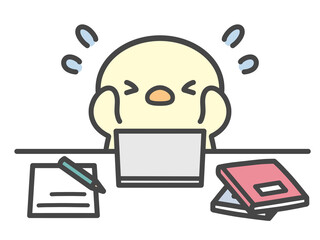 勉強や仕事で頭を抱えて焦るひよこの手書きイラスト　パソコン作業中にわからない問題に困惑する © Nitomaru