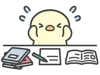 勉強に追われて焦るひよこの手書きイラスト　宿題が終わらない・わからない問題に困惑する受験生 © Nitomaru