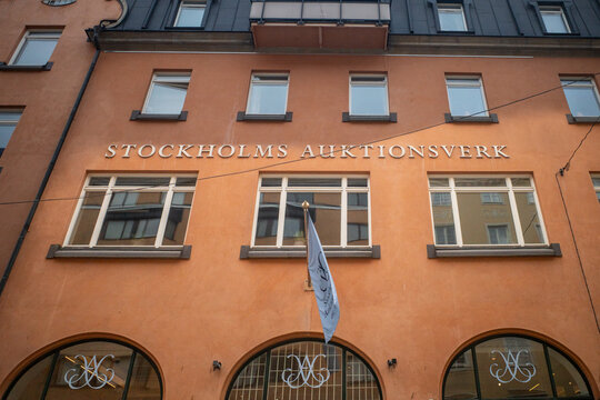 Stockholm, Sweden The facade and sign for the Sockholms Auktionsverk, or Stockholm Auction Huse.