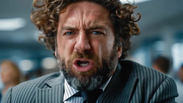 Businessman expresses anger and frustration at workplace during meeting in office setting amid emotional stress