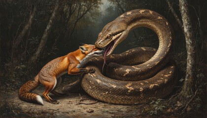 Fototapeta premium A fox is engaged in a tense encounter with a large snake. The fox shows caution while the snake displays aggression in a dark forest setting.