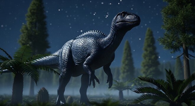 Dinosaur standing in a prehistoric forest.