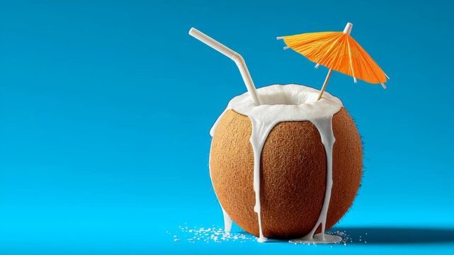 Coconut drink with orange umbrella and straw, showing gradual overflow of coconut milk, set against a vibrant blue background with sugar granules scattered