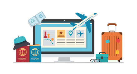 Fototapeta premium A desktop monitor displaying a travel website is surrounded by an airplane, passports, a hat, and luggage, illustrating online booking.