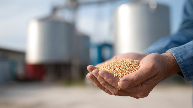 Farmer holds golden grain in cupped hands, background shows large storage silos under warm natural light, symbolizing harvest and agricultural abundance
