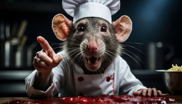 A rat chef stands in a kitchen, wearing a white chef's hat and coat. The rat chef gestures emphatically while surrounded by food ingredients.